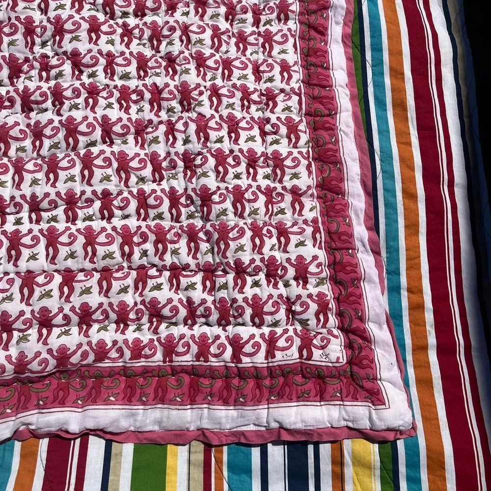Roller Rabbit pink monkey baby quilt crib 50x38” reversible stripped comforter L